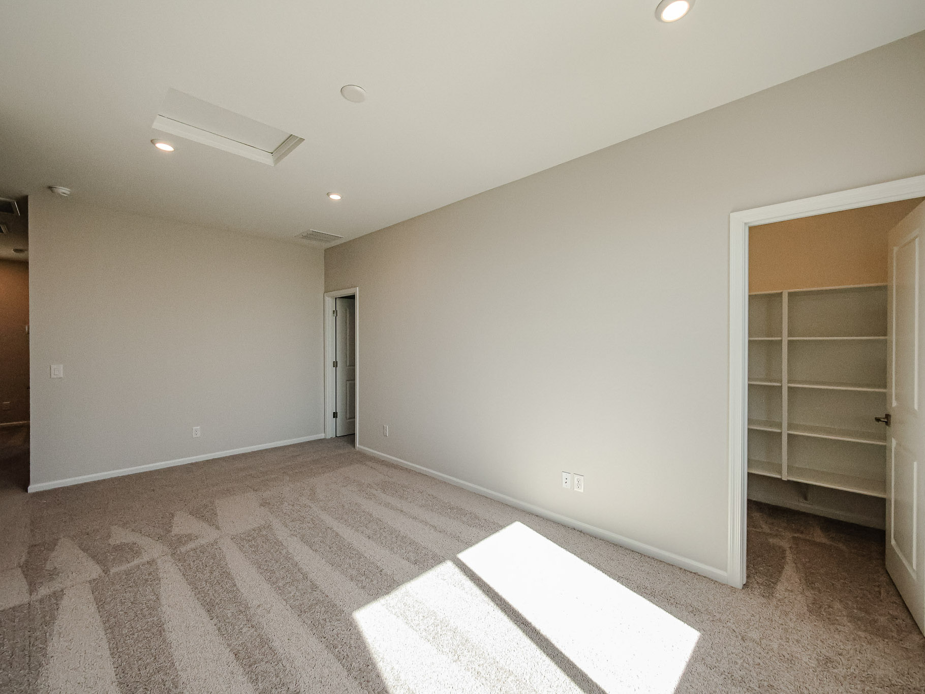 A room with a rug and a door.