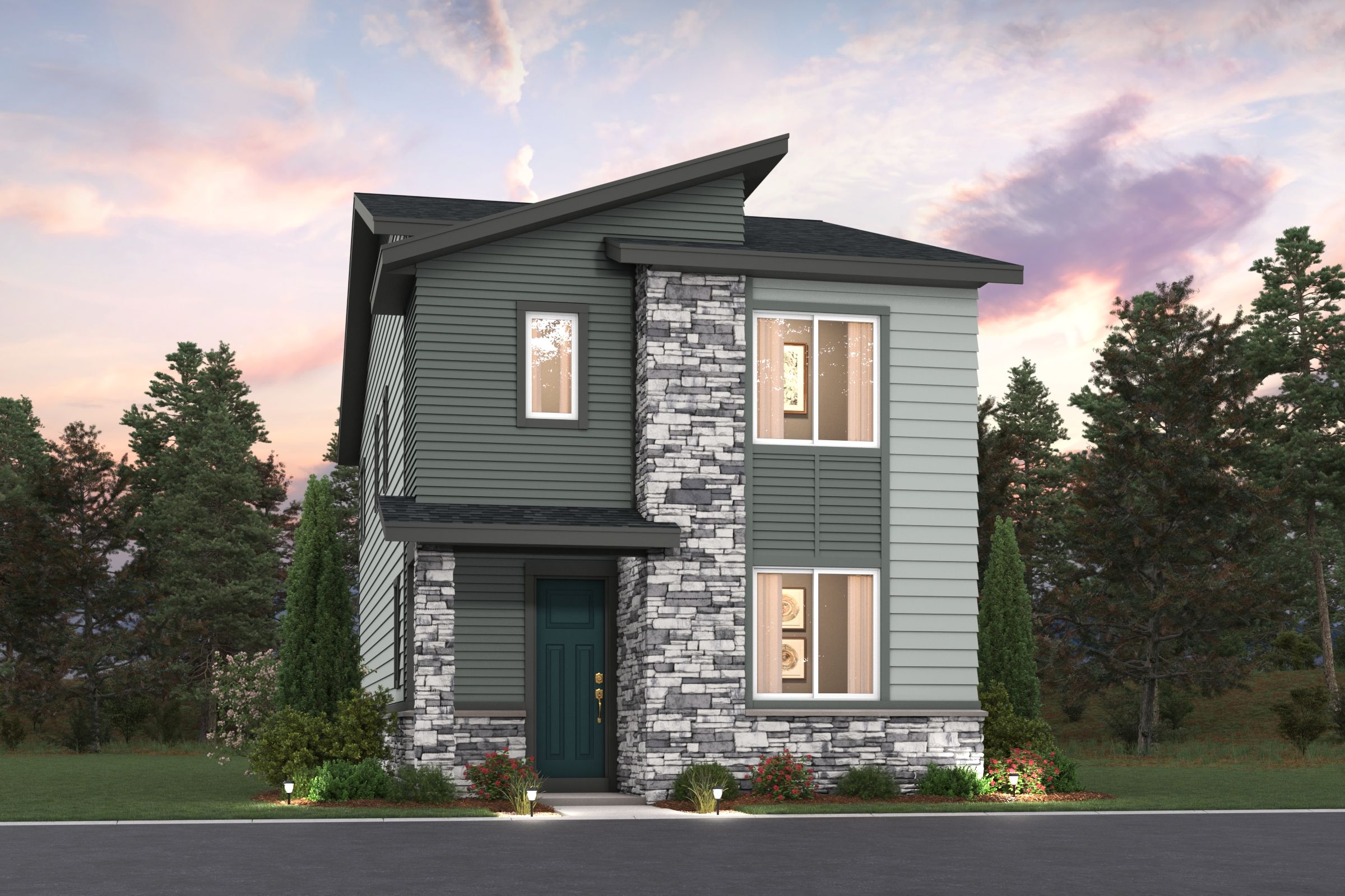 A house with trees around it.