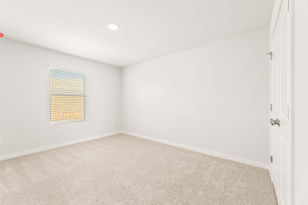 A room with a carpet and a window.