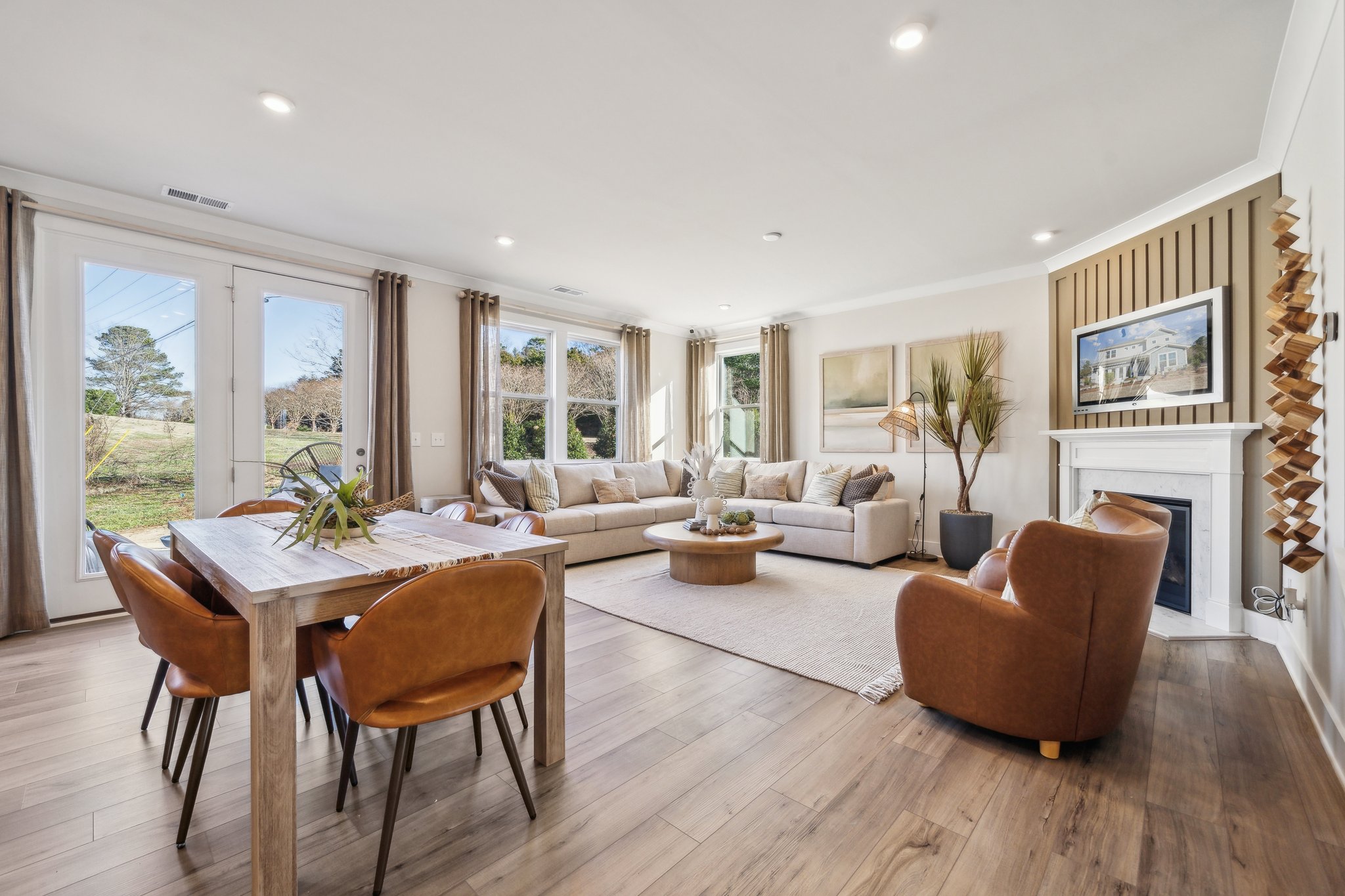 A living room with a fireplace.