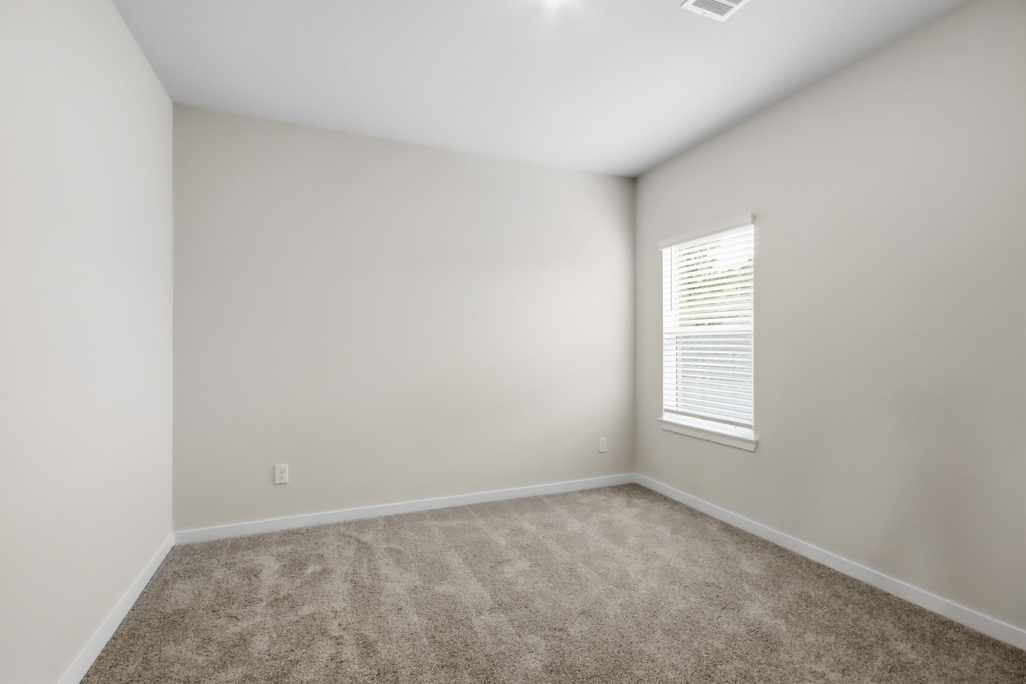 A room with a carpet and a window.