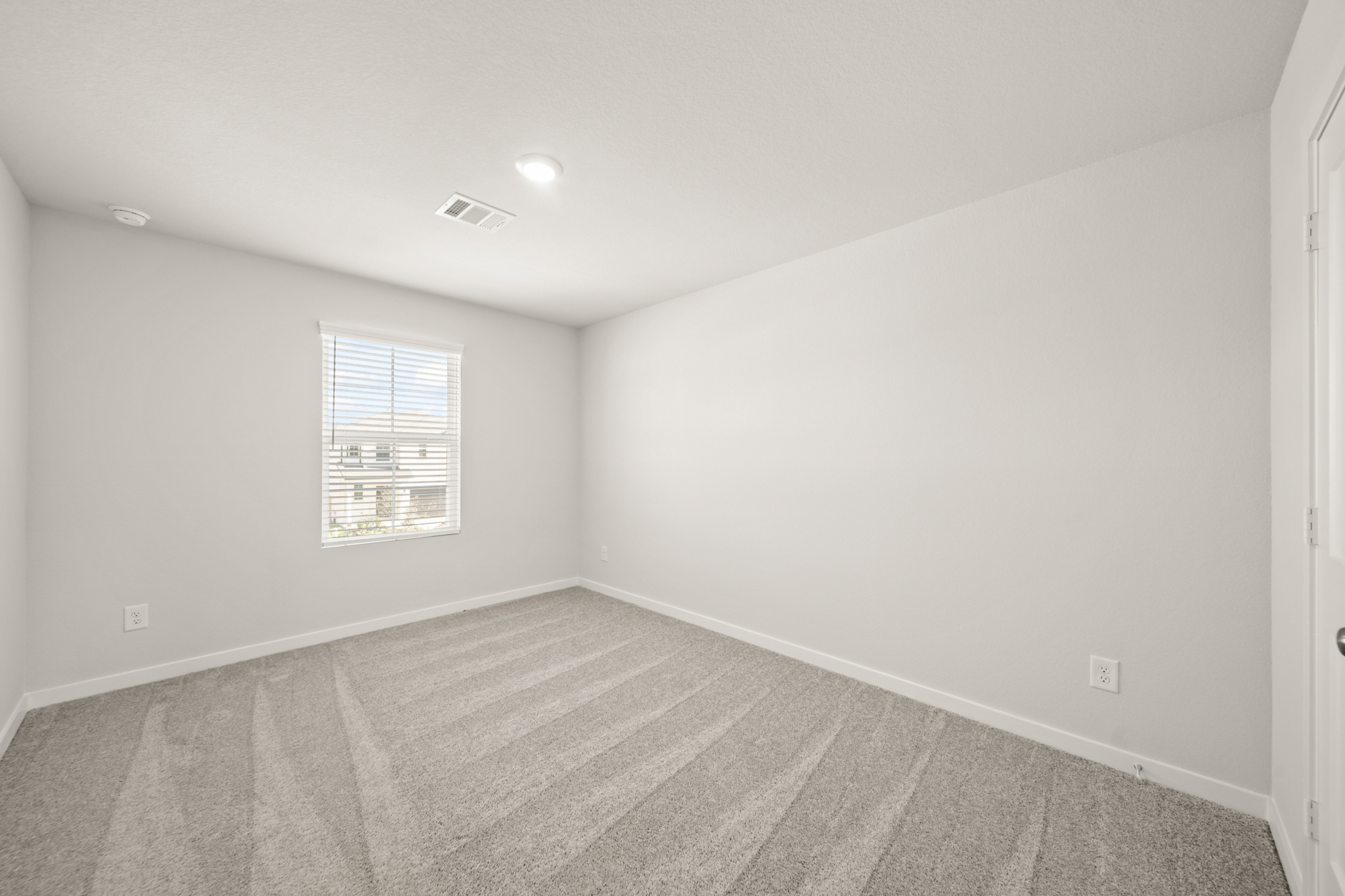 A room with a carpet and a window.