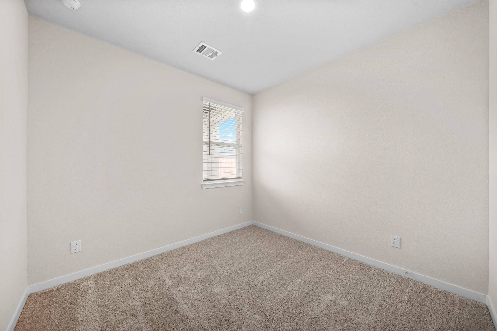 A room with a carpet and a window.