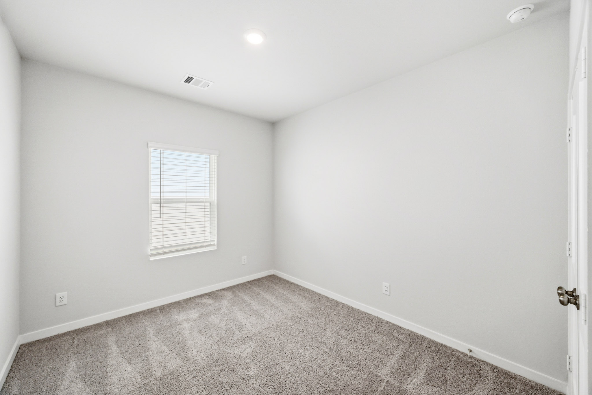 A room with a door and a rug.