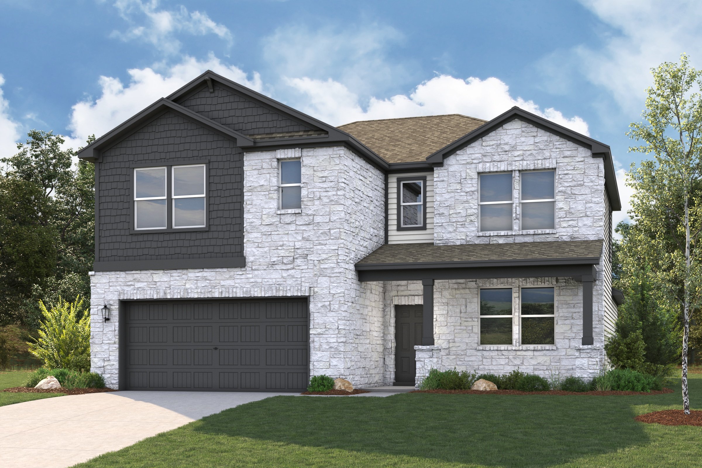 A grey house with a garage.