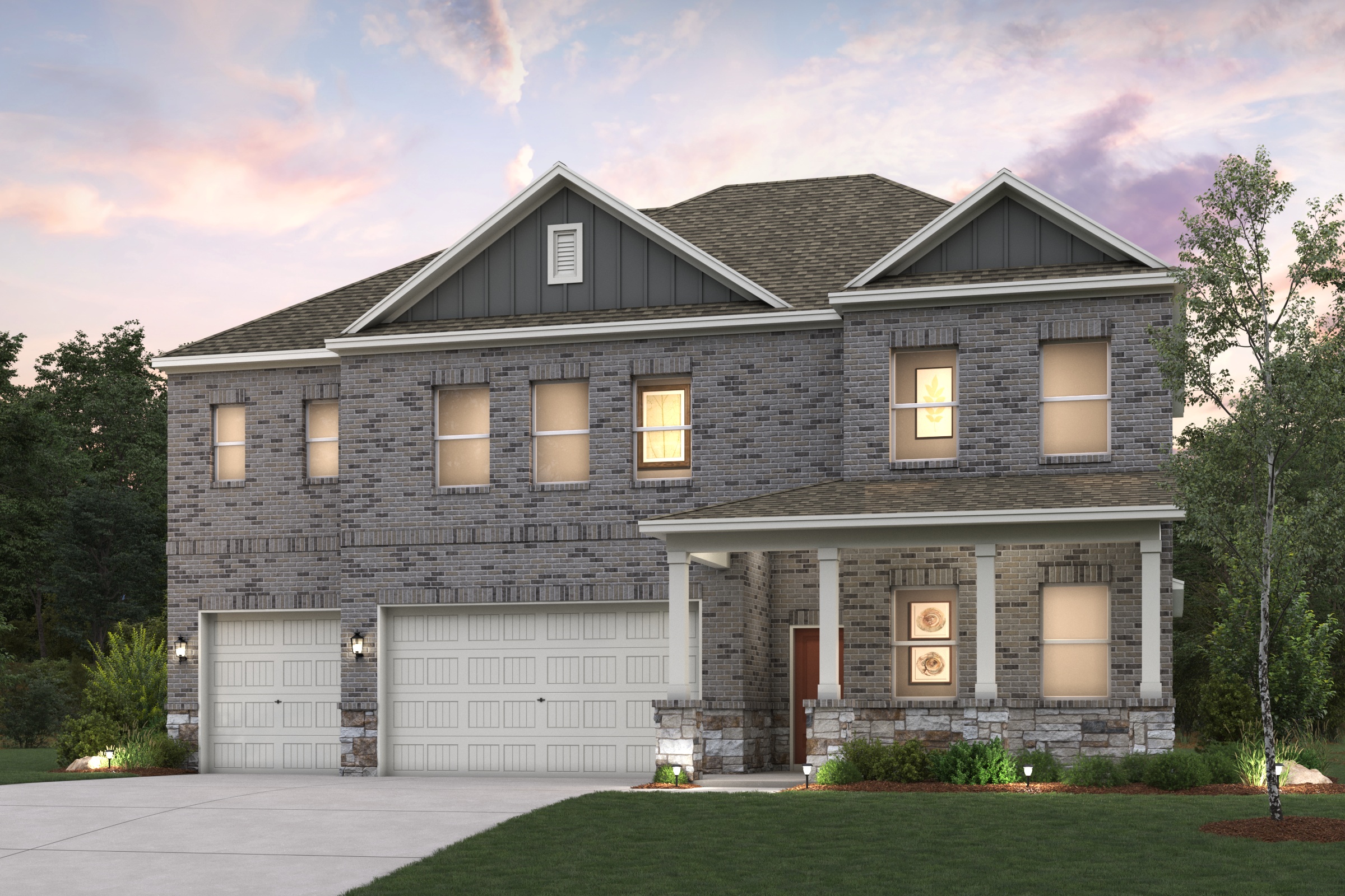 A grey house with a garage.