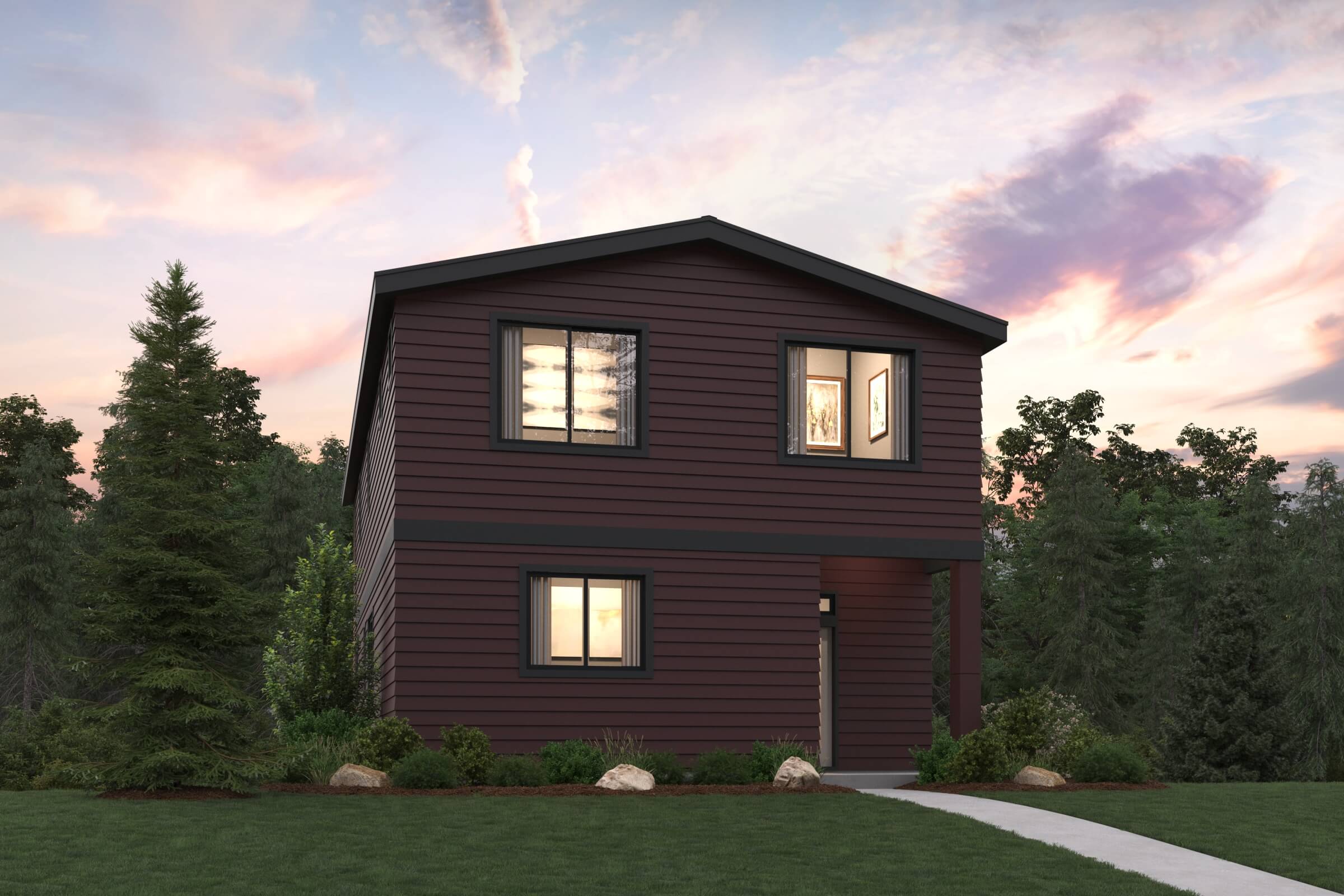 A house with a grass yard.