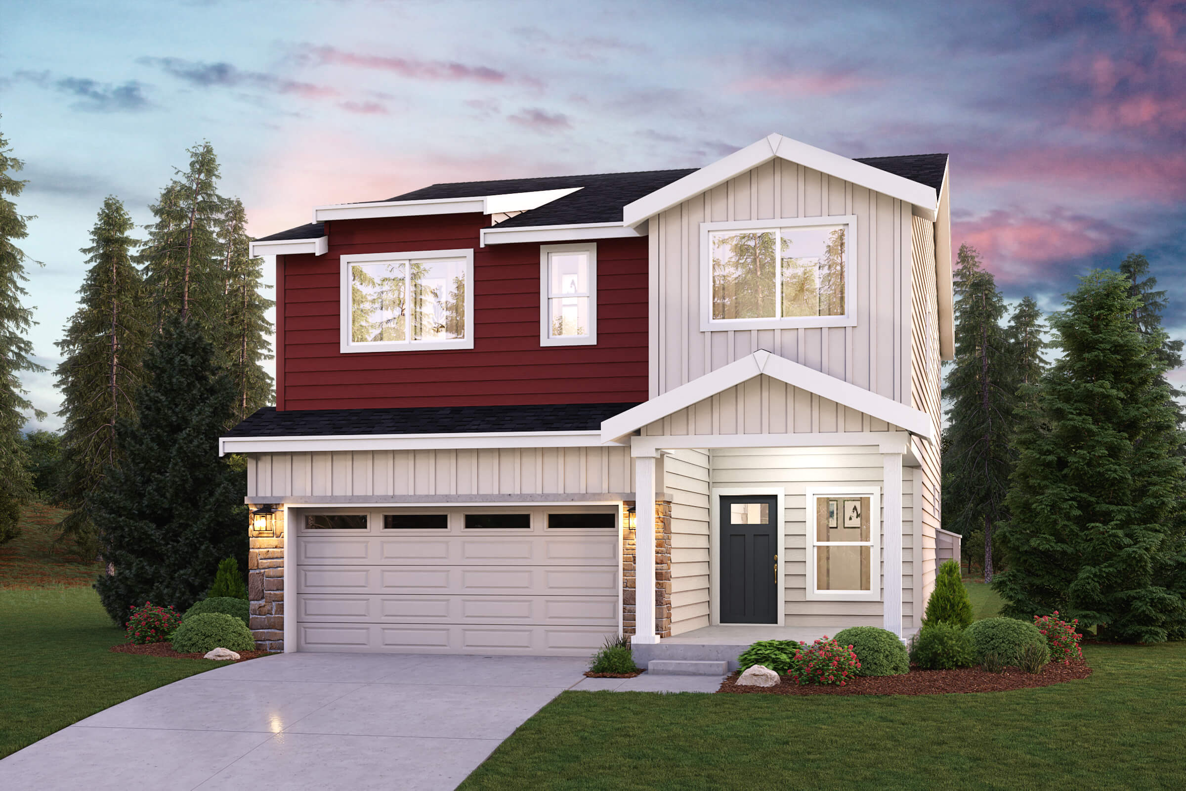 A house with a garage and trees around it.