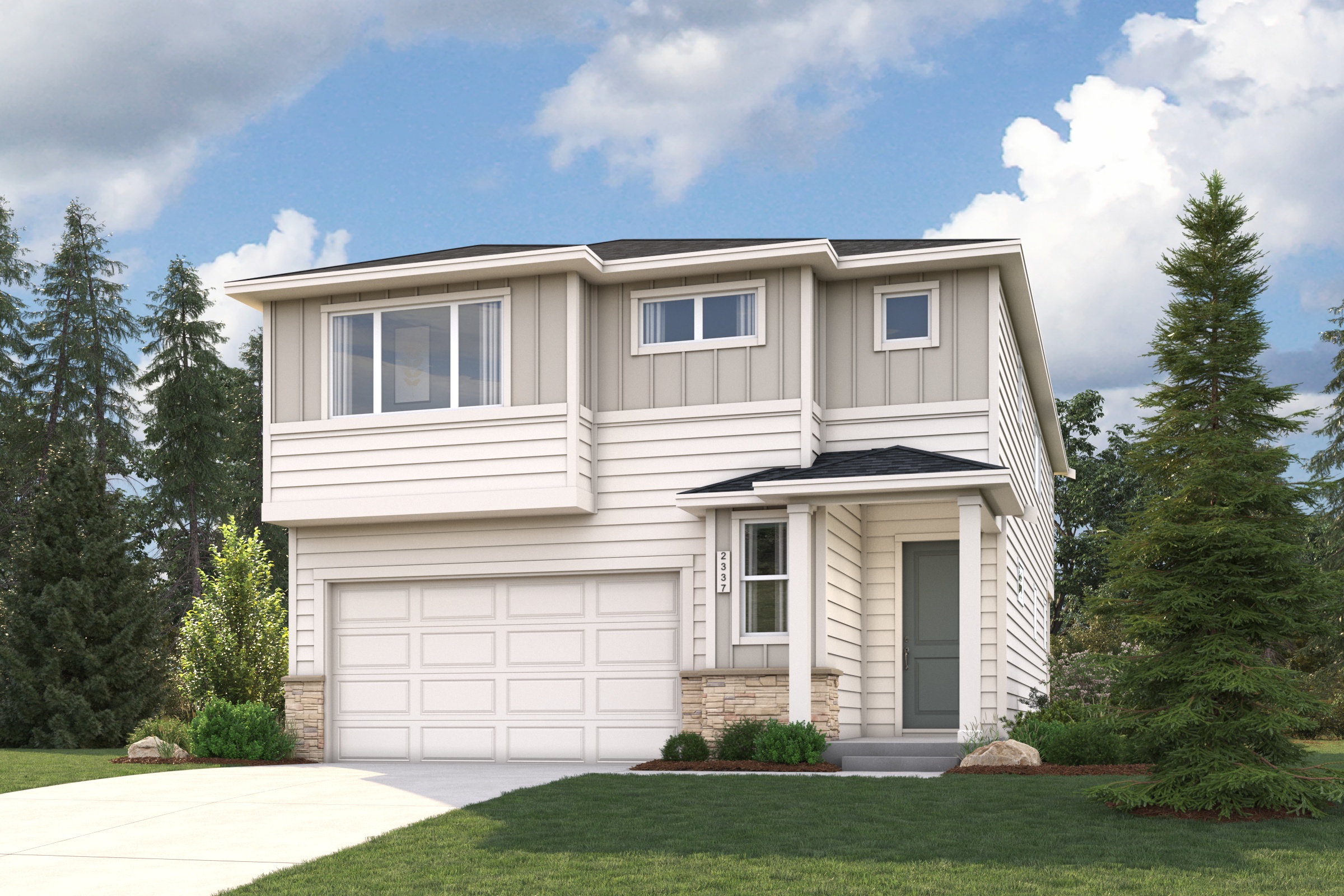 A house with a garage and trees around it.