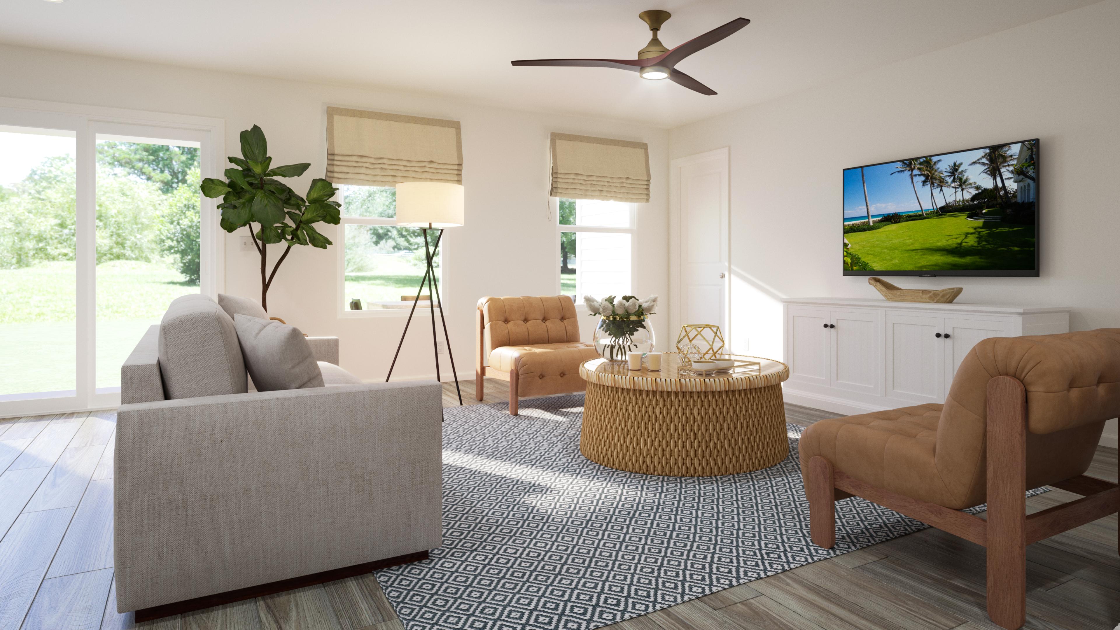 A living room with a tv and chairs.