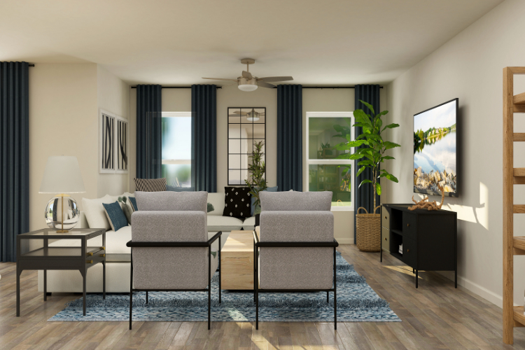 A living room with a large window.