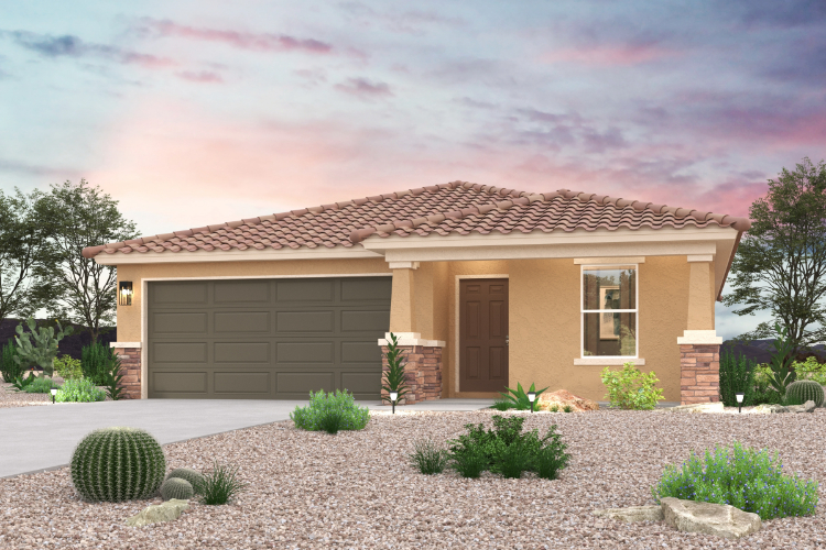 A house with a garage and bushes.
