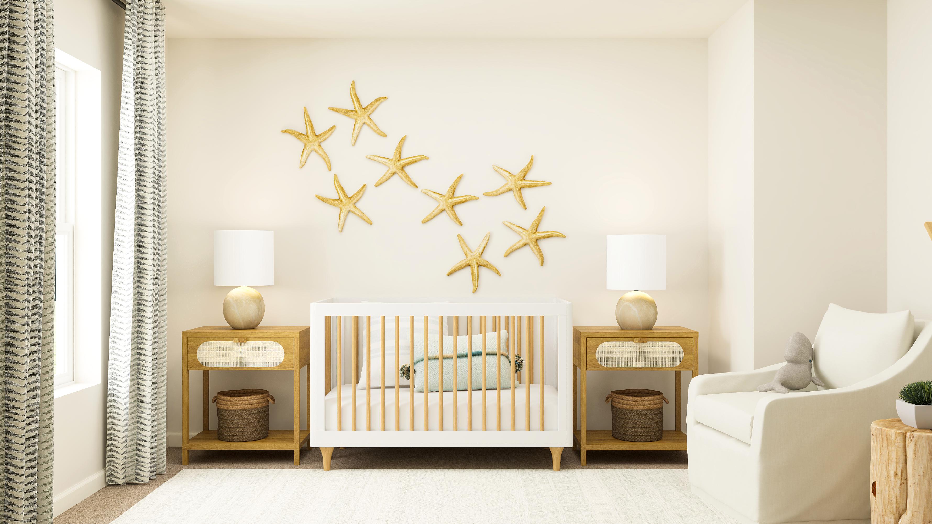 A room with a bed and a table with a lamp on it.