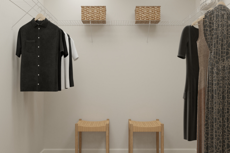 A group of clothes on a wall.